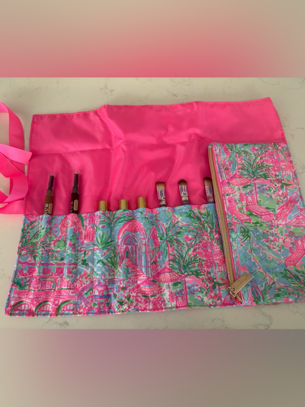 Lilly Pulitzer Pink Multi Printed Cosmetic Roll with Ribbon - Picture 3 of 5